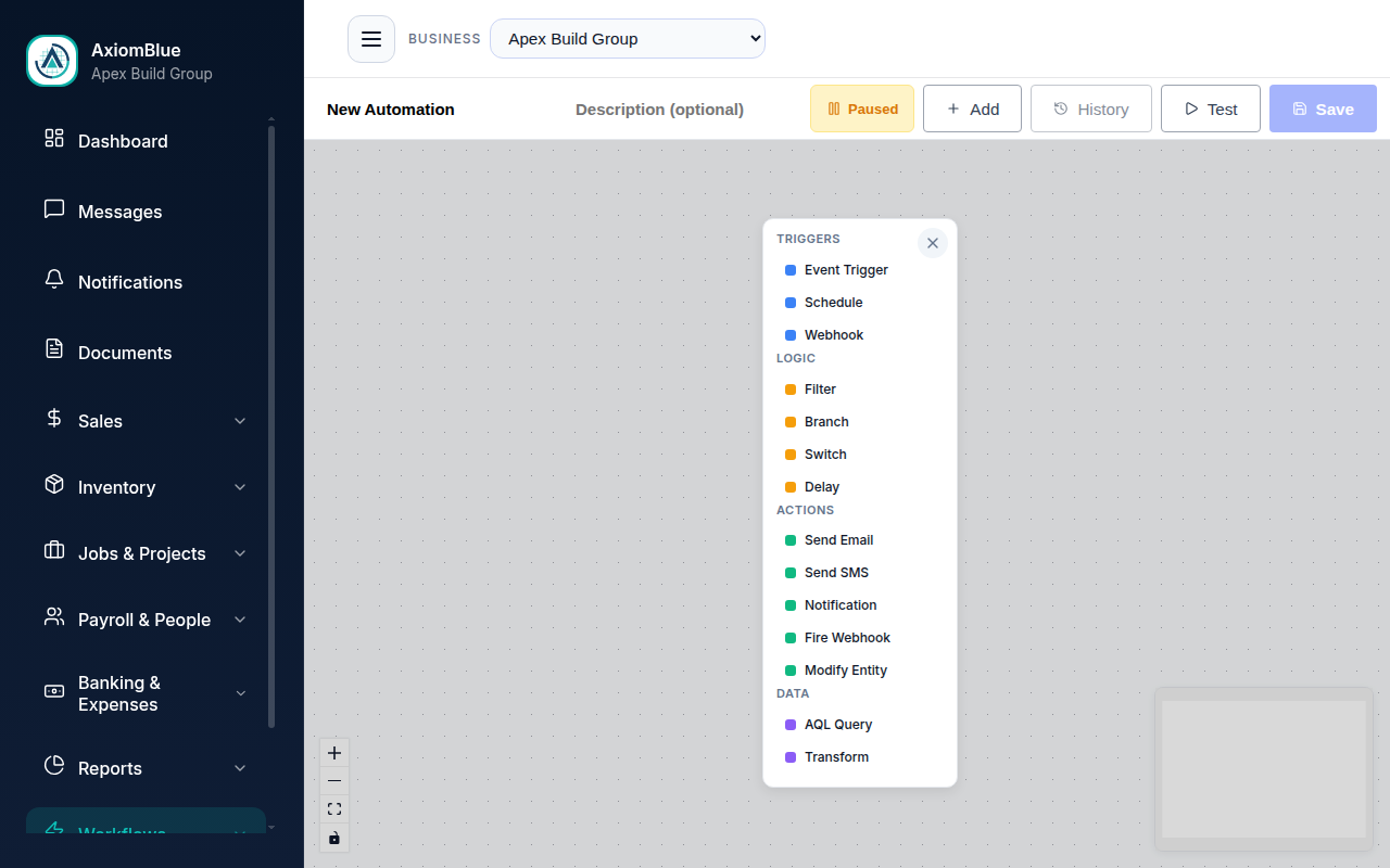 AxiomBlue visual automation builder showing a drag-and-drop workflow canvas with trigger, logic, and action nodes