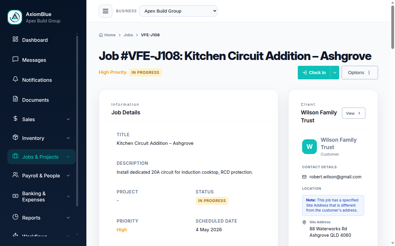AxiomBlue job detail screen showing time tracking, materials, status, and cost summary
