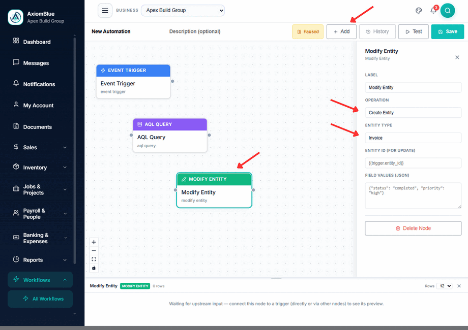 Modify Entity node set to Operation Create Entity, Entity type Invoice, with the field values panel open