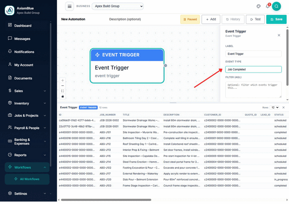 Event Trigger node configuration with the event type set to Job Completed, showing a live preview of job records below