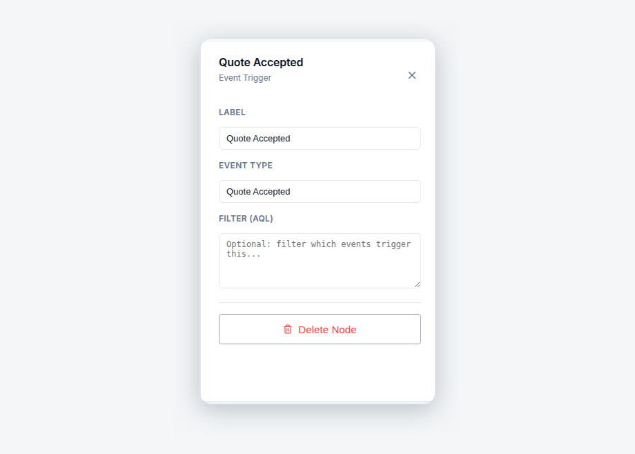 Event Trigger node configuration with the event type set to Quote Accepted