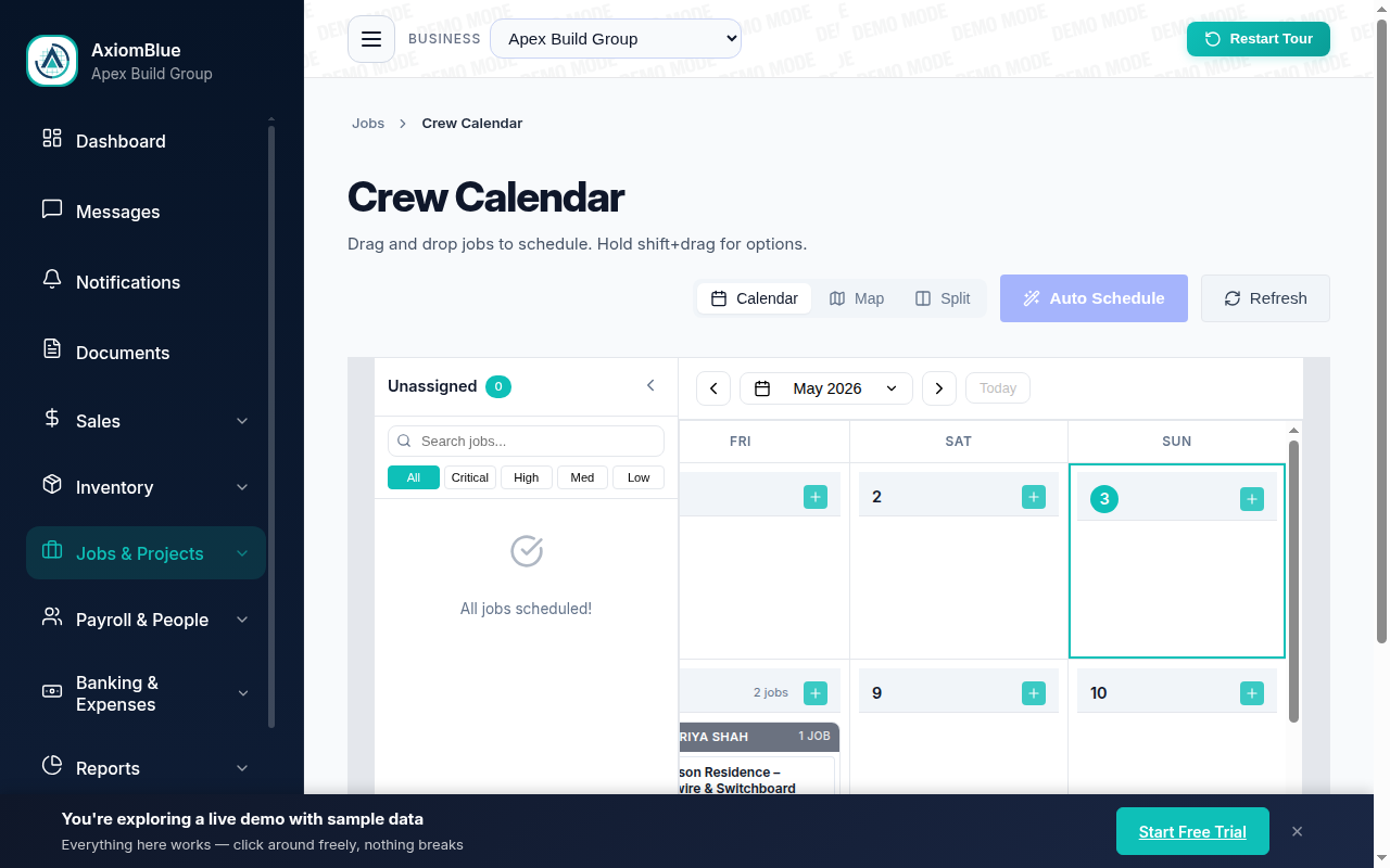 AxiomBlue drag-and-drop scheduling calendar with a week of jobs laid out across days